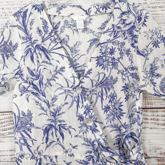 H&M Blue and White Floral Linen Wrapover Blouse, EUC, Size Small - Picture 4 of 13